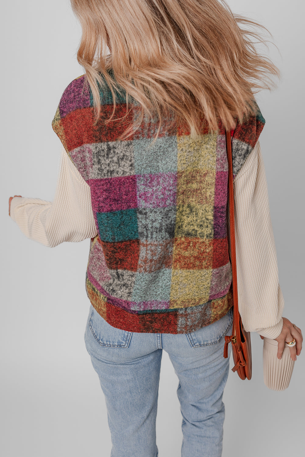 Plaid Print Side Pockets Zipped Loose Vest | Multicolour