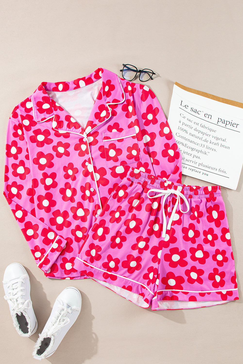 Flower Print Long Sleeve Shirt Shorts Pajamas Set | Pink