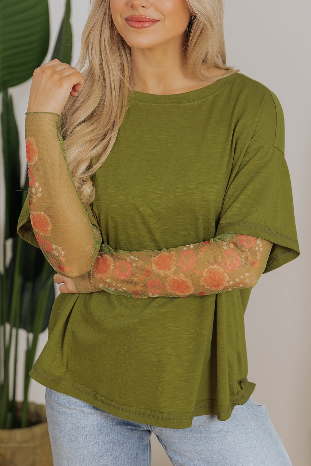 Faux Two Piece Floral Long Sleeve Patchwork Tee | Fern Green