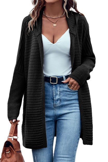 Horizontal Rib Knitted Open Front Hooded Cardigan | Black