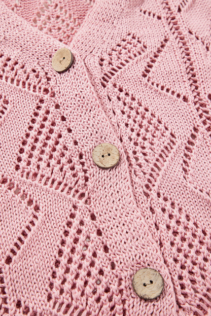 Open Knit Button-Up Plus Size Cardigan | Pink