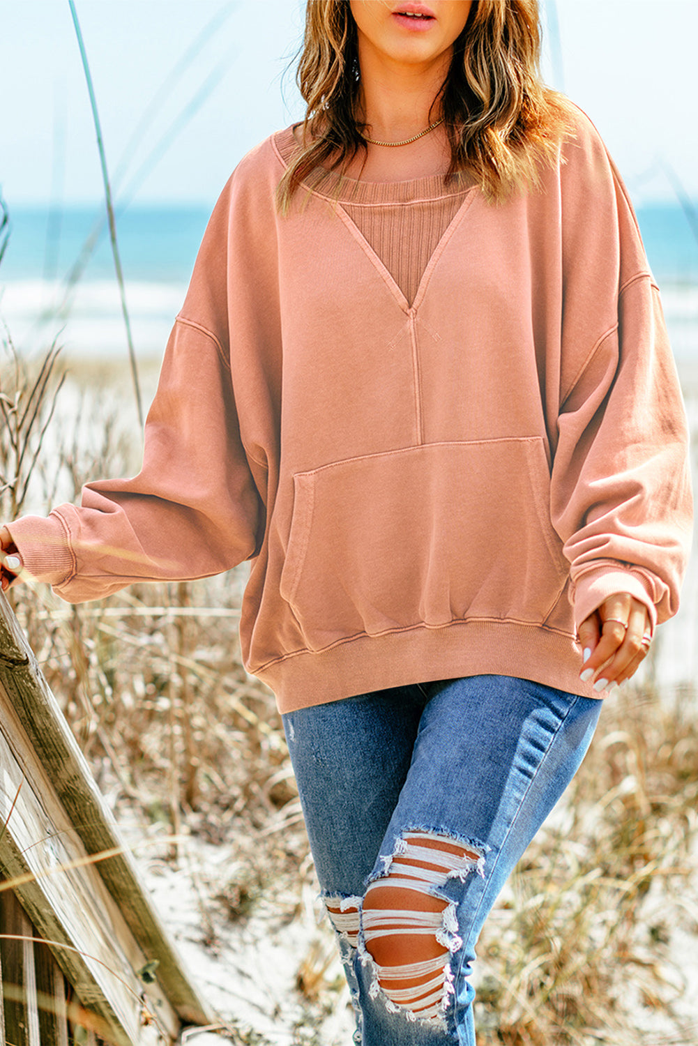 Drop Shoulder Sweatshirt With Kangaroo Pocket | Red