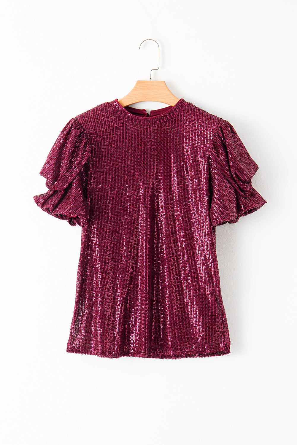 Glittering Sequin Short Bubble Sleeve Blouse | Burgundy