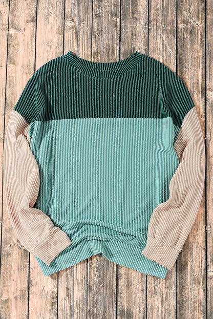 Colour Block Long Sleeve Ribbed Loose Top | Green