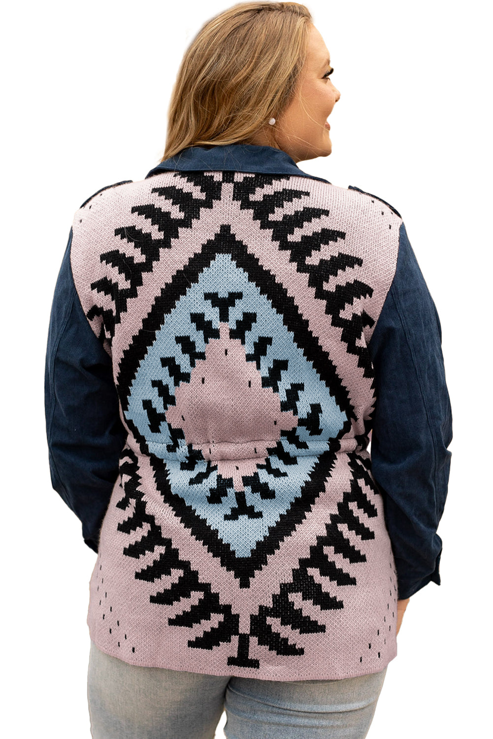 Plus Size Corduroy Jacquard Knit Aztec Back Jacket | Blue