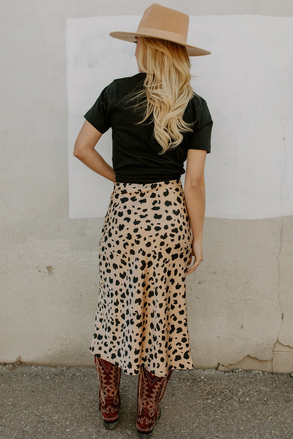 Leopard Spots Printed Split Hem Midi Skirt | Khaki