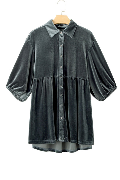 3/4 Sleeve Tunic Babydoll Velvet Shirt | Dark Grey