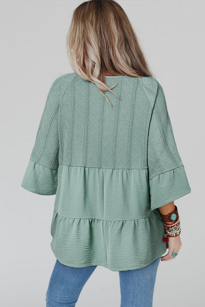 Tie Split Neck Textured Ruffle Patchwork Blouse | Laurel Green