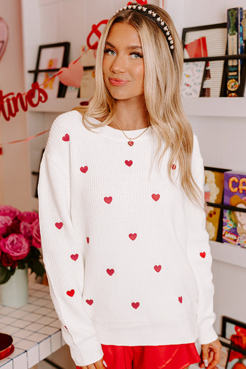 Heart Shape Drop Shoulder Round Neck Sweater | White