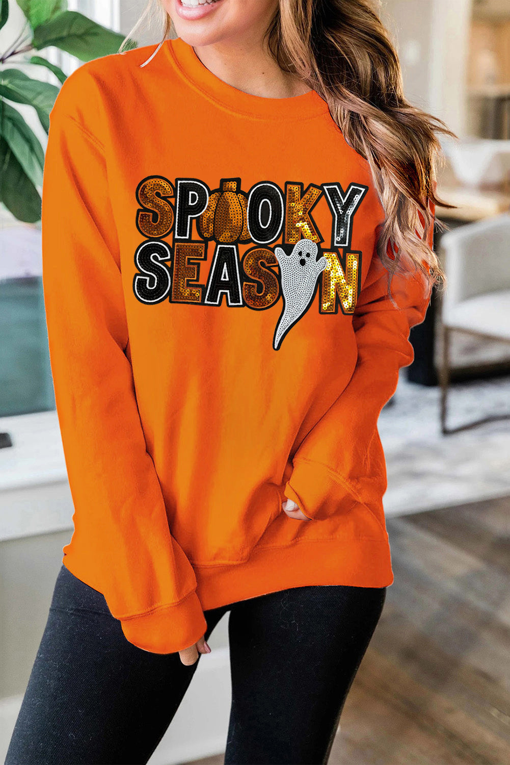 Sequin Spooky Season Ghost Pattern Halloween Pullover Sweatshirt | Russet Orange