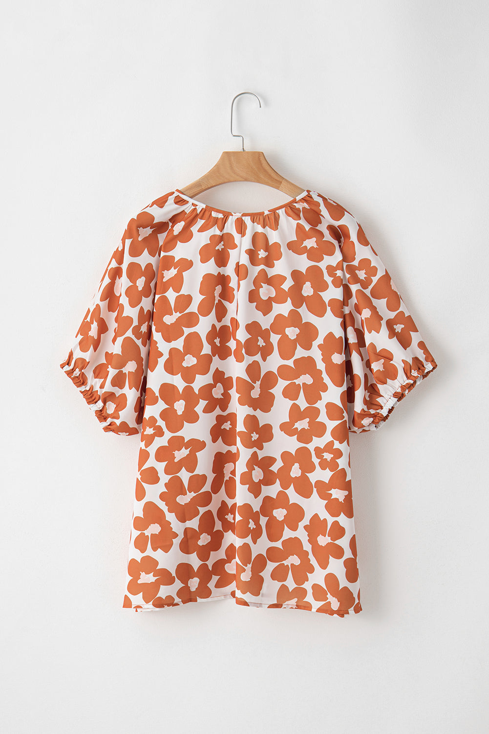 Plus Size Floral Print Drawstring V Neck Short Sleeve Blouse | Orange