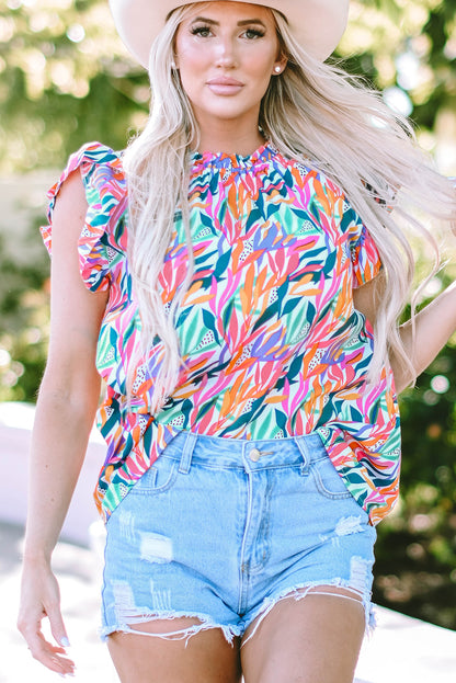 Floral Print Ruffled Flutter Sleeve Blouse | Rose Red