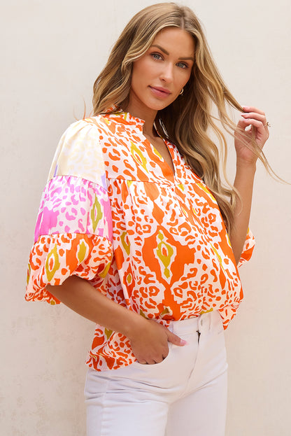 Leopard Colourblock Puff Sleeve Split Neck Blouse | Orange