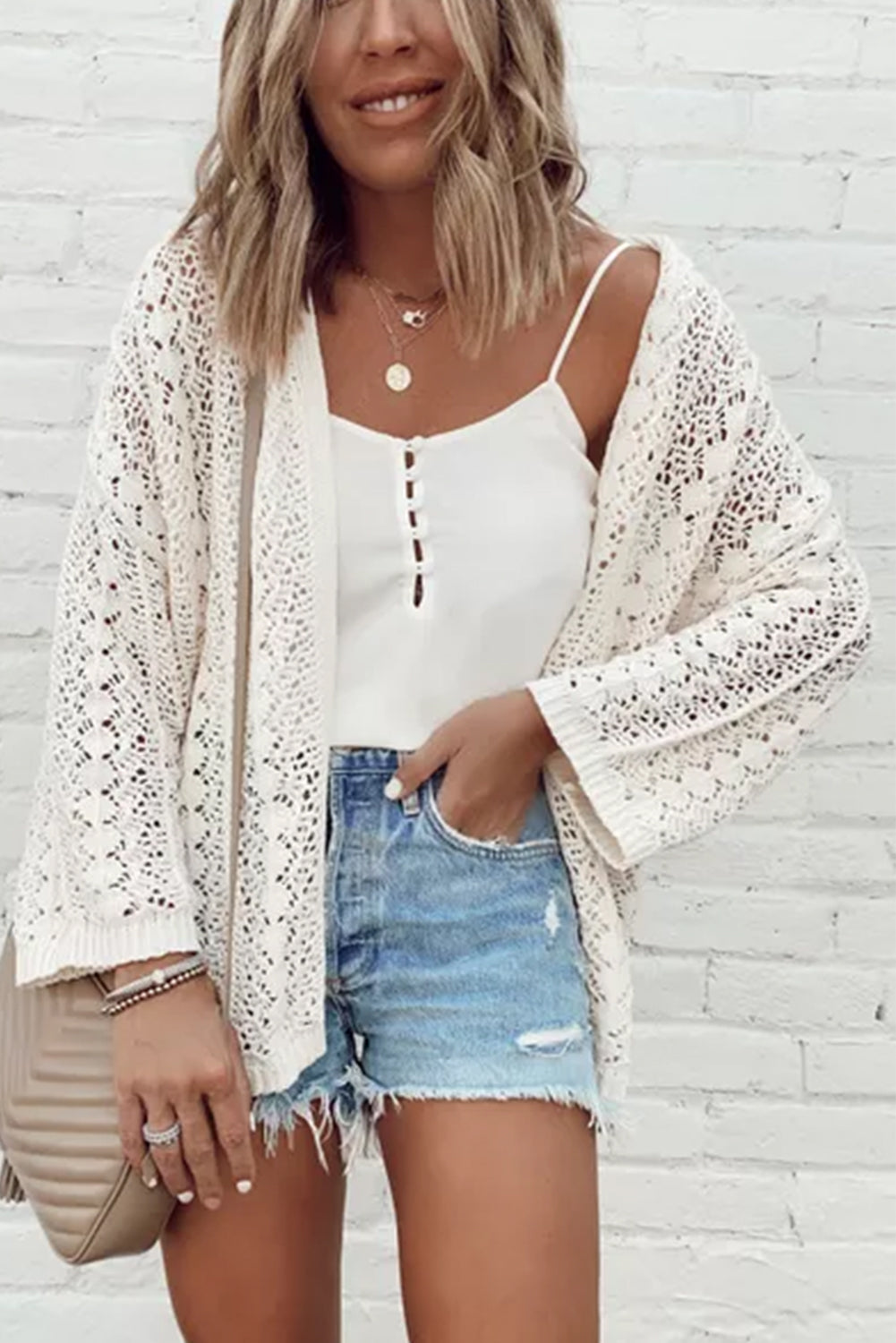 Stylish Hollow Out Knit Drop Shoulder Cardigan | White