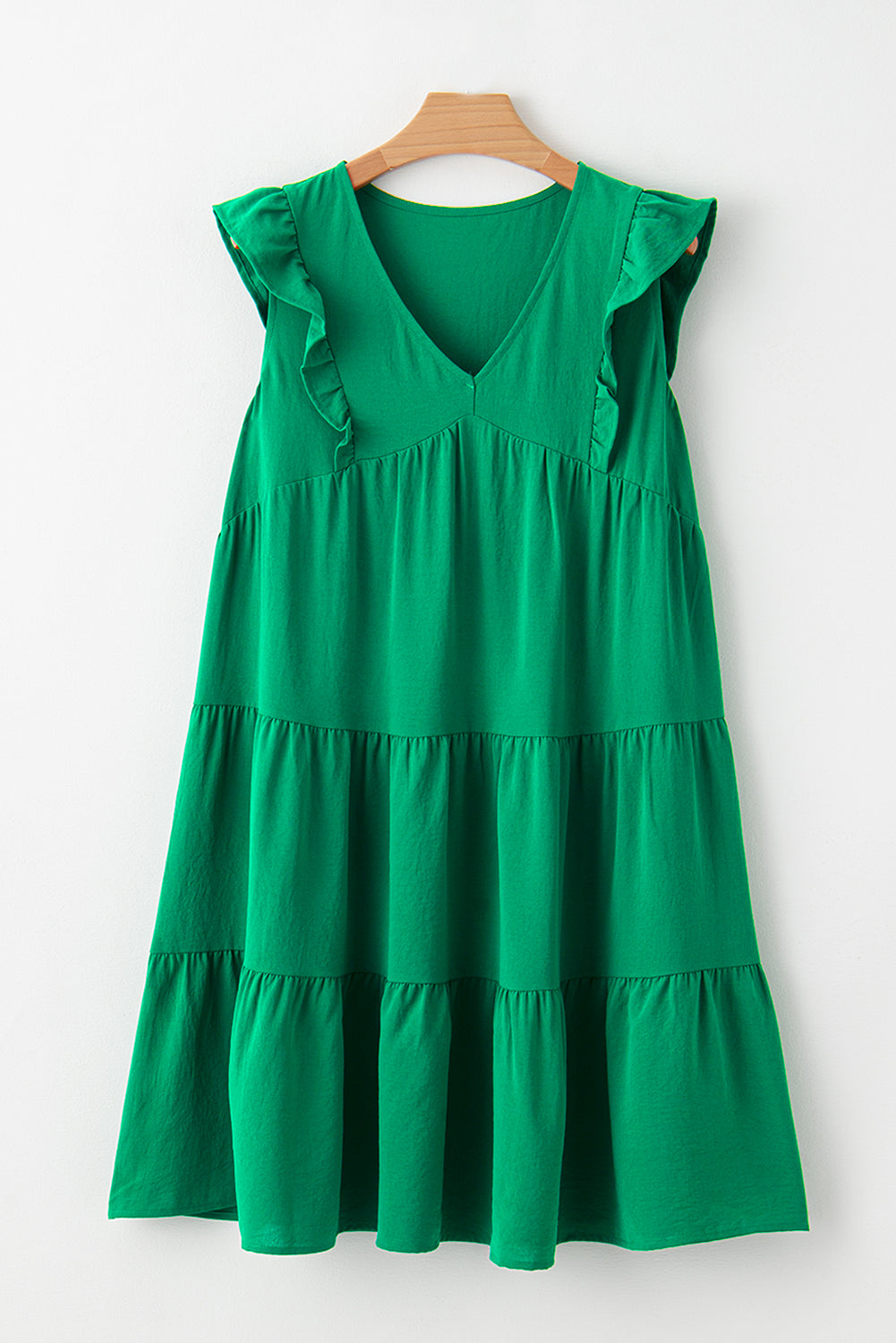 Solid Colour V Neck Ruffle Tiered Mini Dress | Bright Green