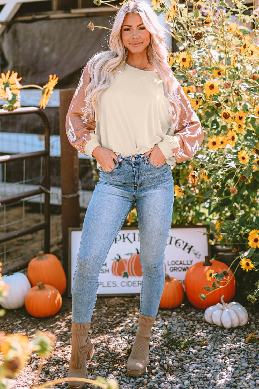 Western Print Patch Long Sleeve Top | Apricot