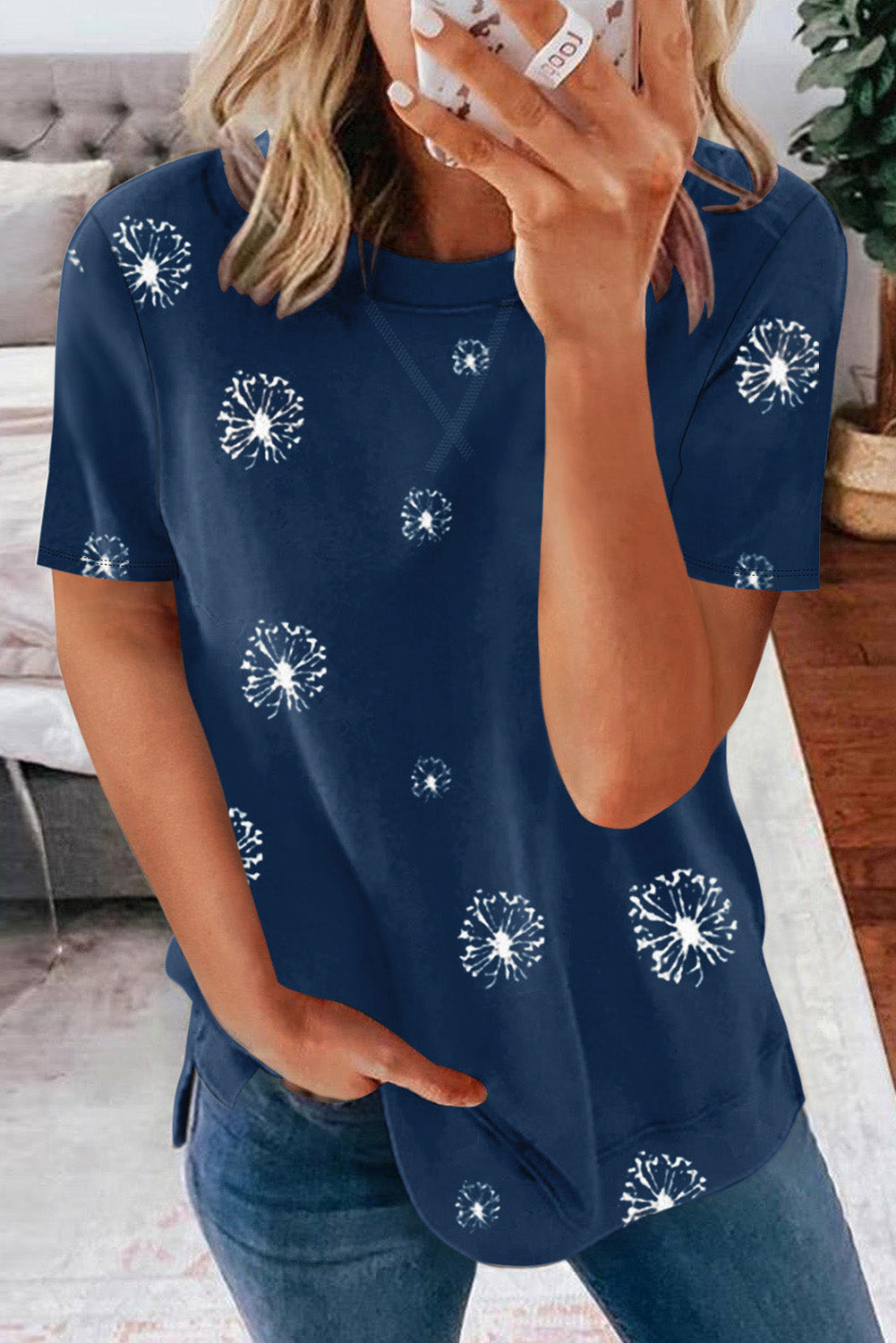 Blue Dandelion Print Crew Neck T-shirt