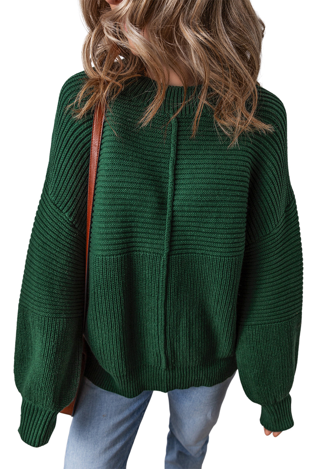 Textured Knit Crewneck Lantern Sleeve Sweater | Blackish Green