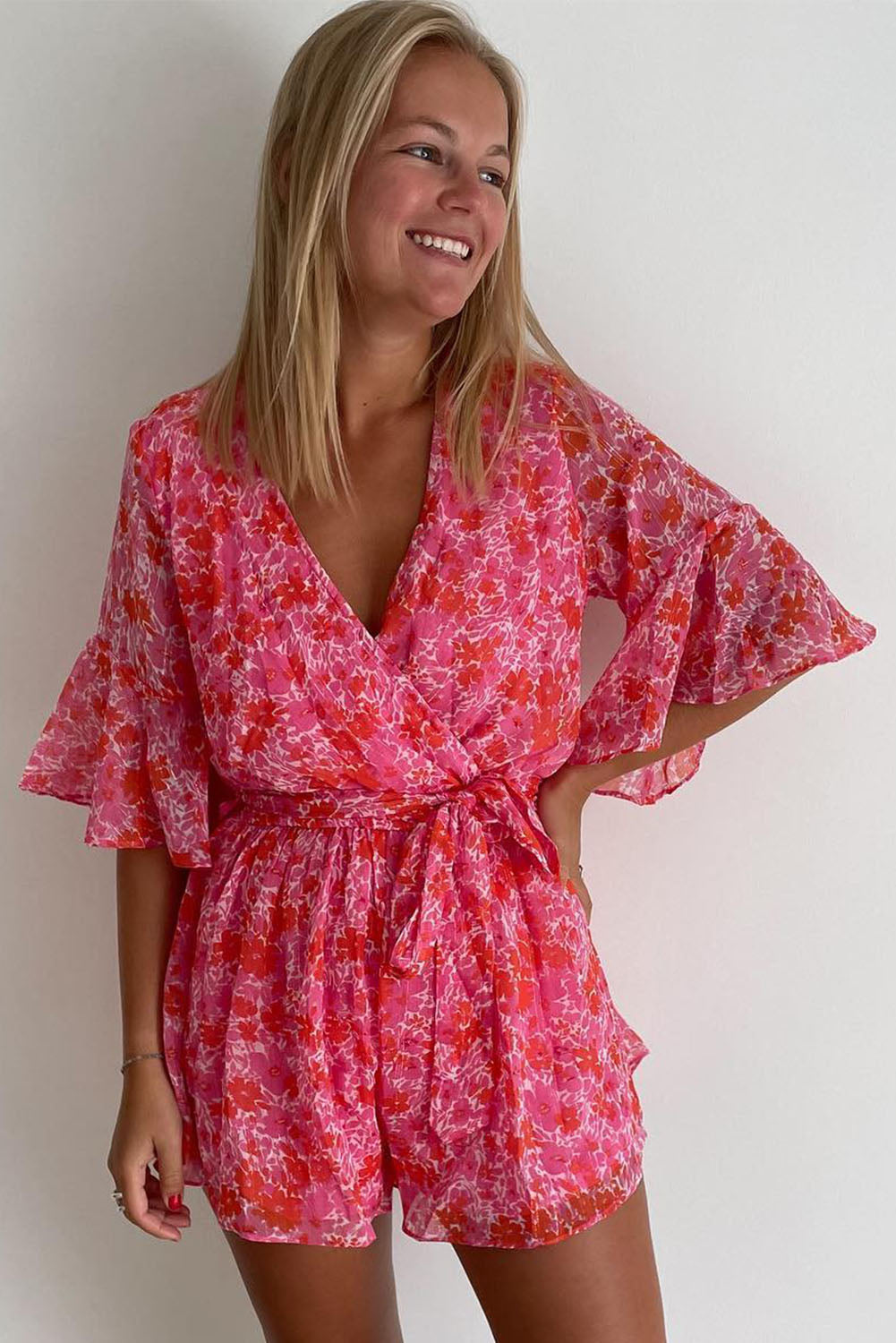 V Neck Ruffled Sleeve Floral Romper | Pink