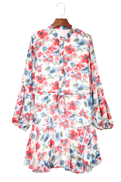 Vintage Floral Print Drawstring Flowy Dress | Sky Blue