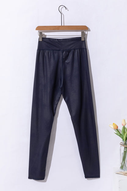 Crossed Dip Waist Sleek Leather Leggings | Navy Blue