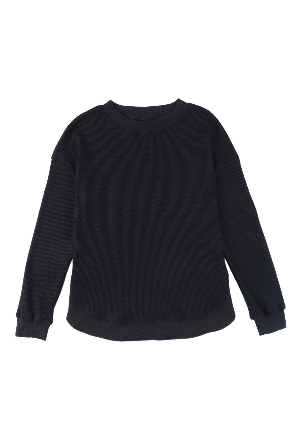 Crew Neck Ribbed Trim Waffle Knit Top | Black