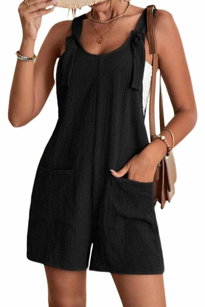 Adjustable Straps Pocketed Textured Romper | Black