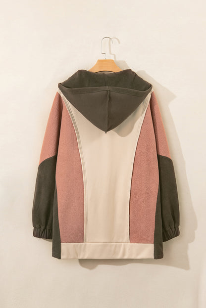 Oversized Colour Block Patchwork High Low Hoodie | Beige