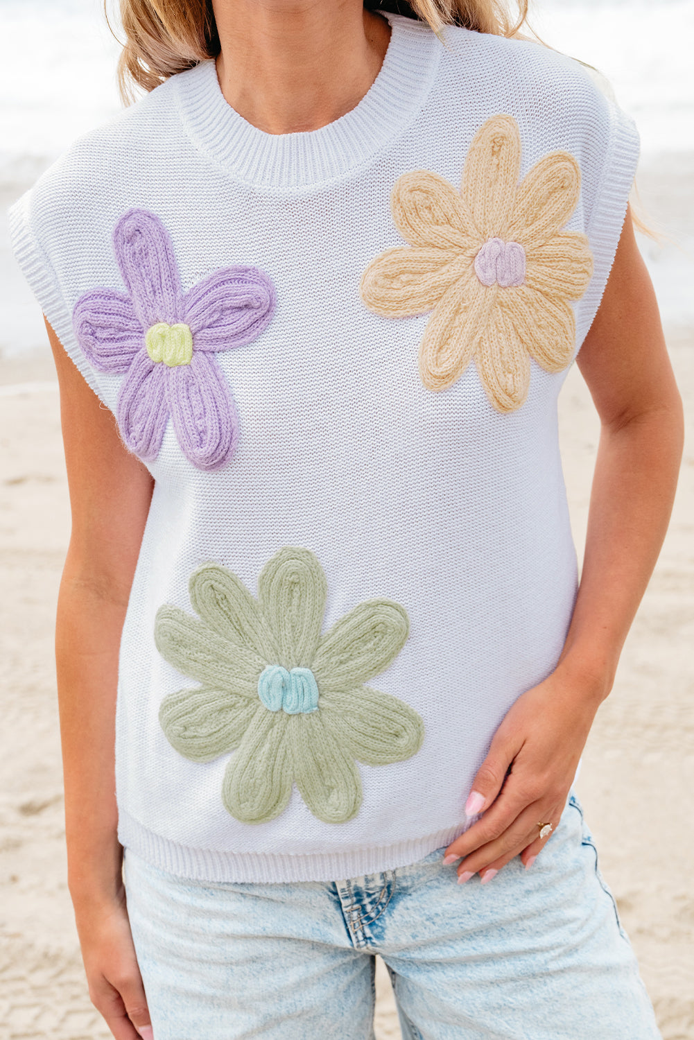 Multi Crochet Flower Knit Short Sleeve Sweater Tops | White