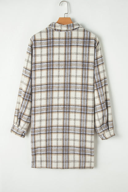 White Plaid Print Tunic Plus Size Shacket With Slits | White Stripe