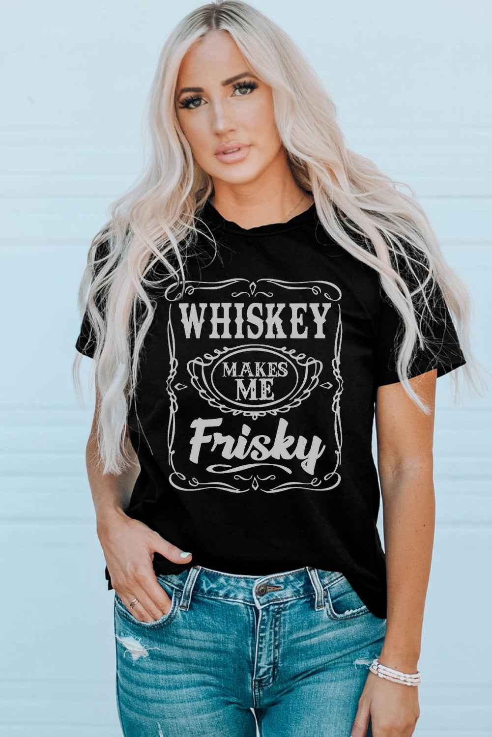 Whiskey Makes Me Frisky Print Graphic Tee | Black