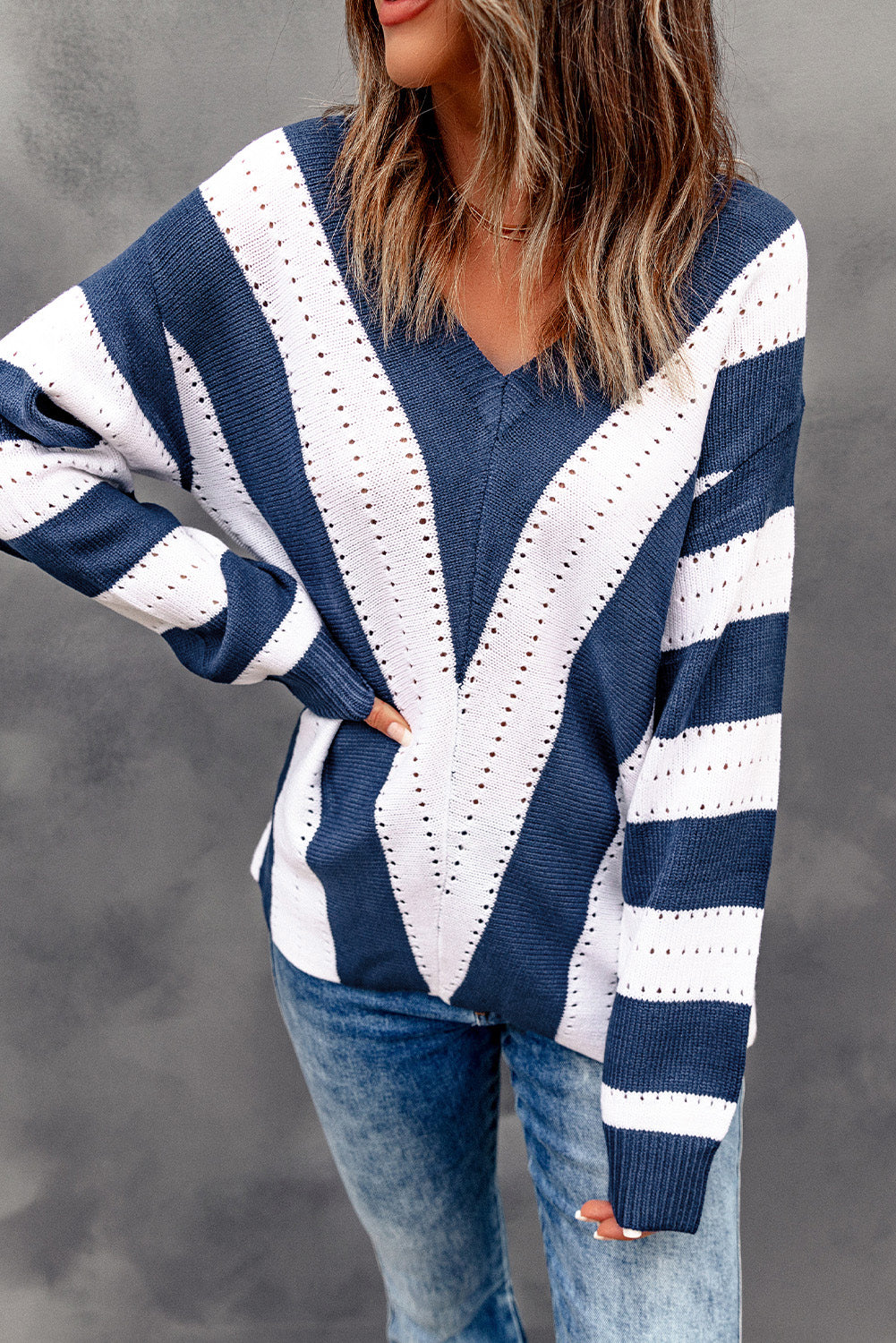 Striped Colourblock V Neck Knitted Sweater | Blue