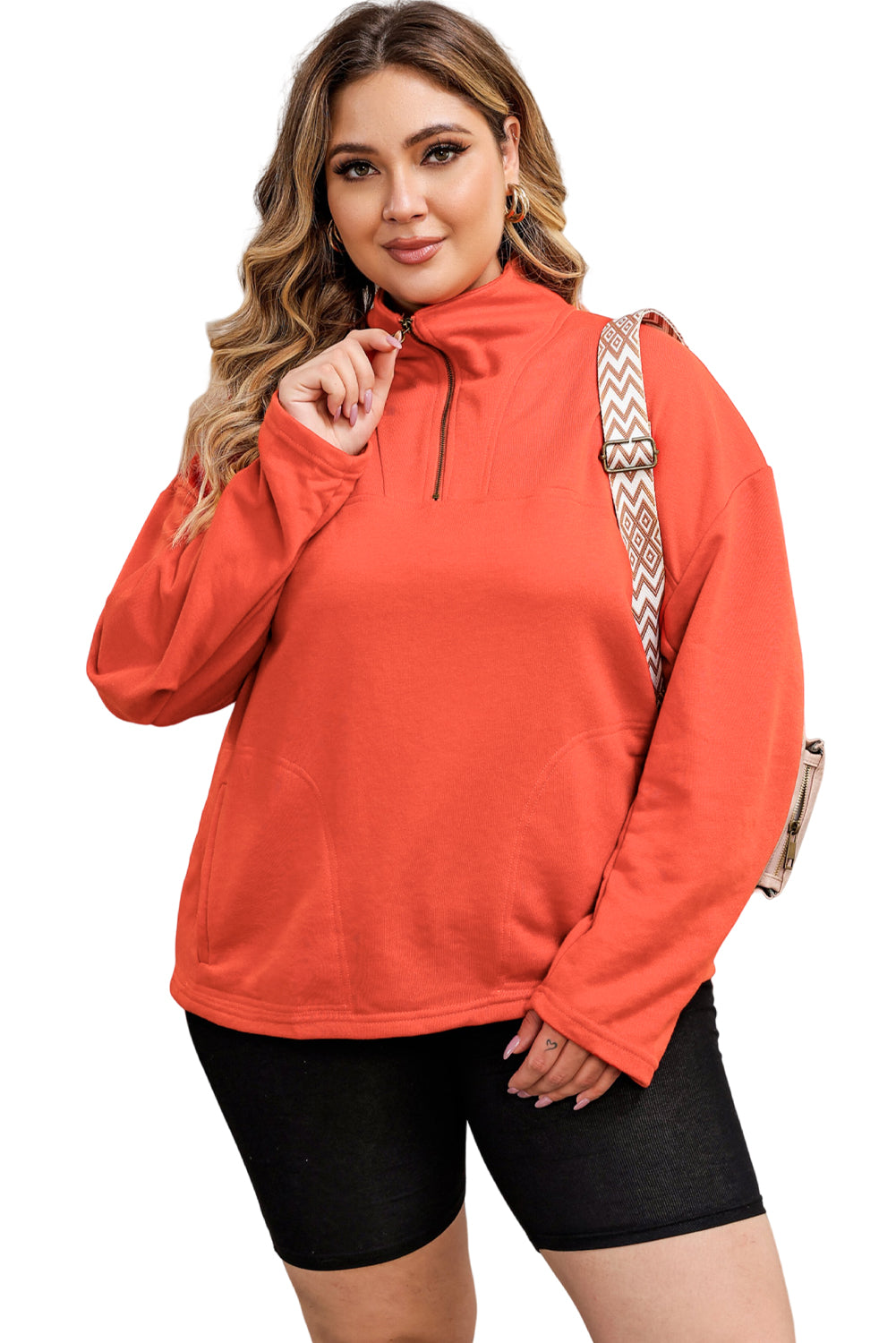 O-Ring Zipper Pocketed Plus Size Sweatshirt | Orange