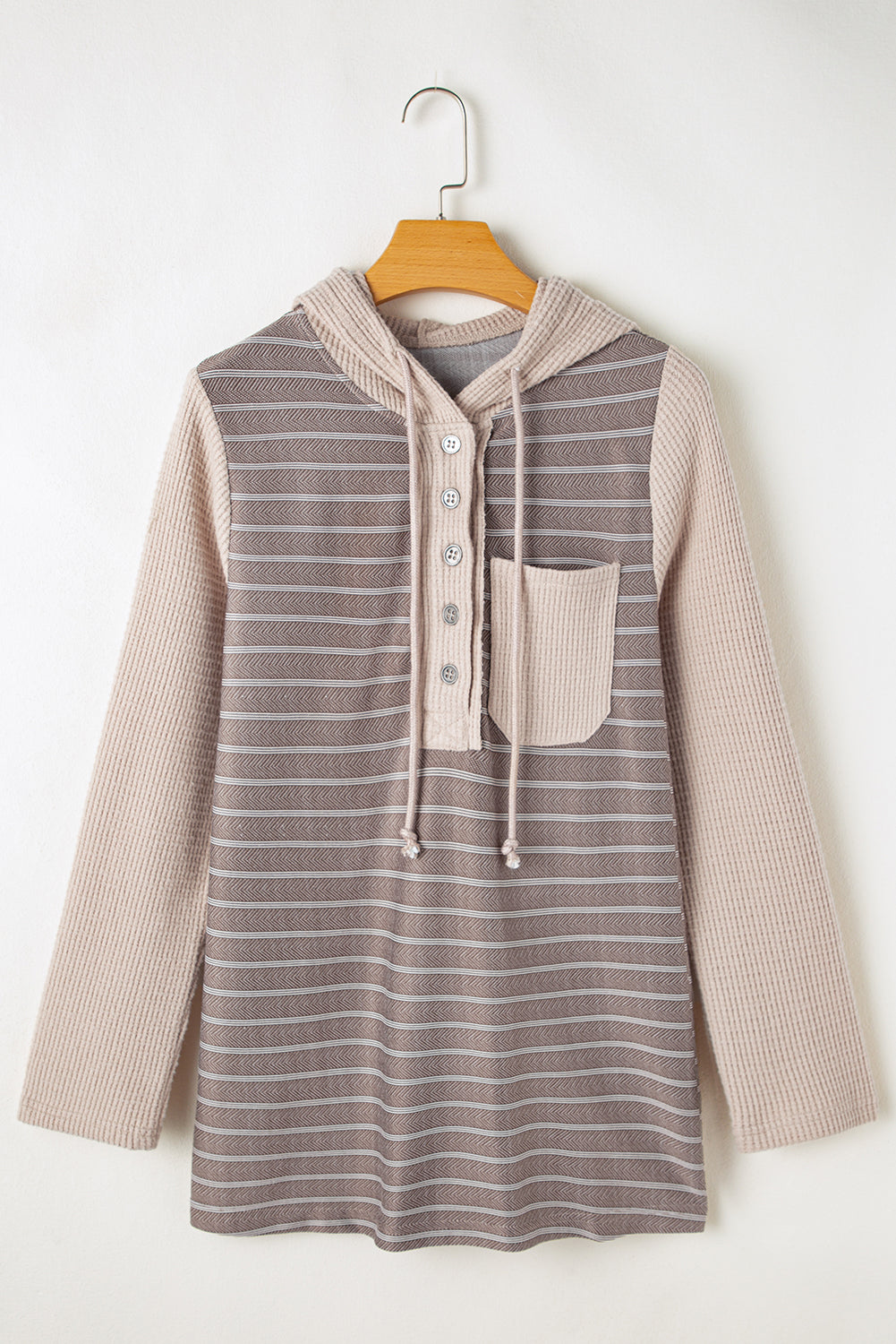 Textured Knit Colourblock Striped Henley Hooded Top | Gray