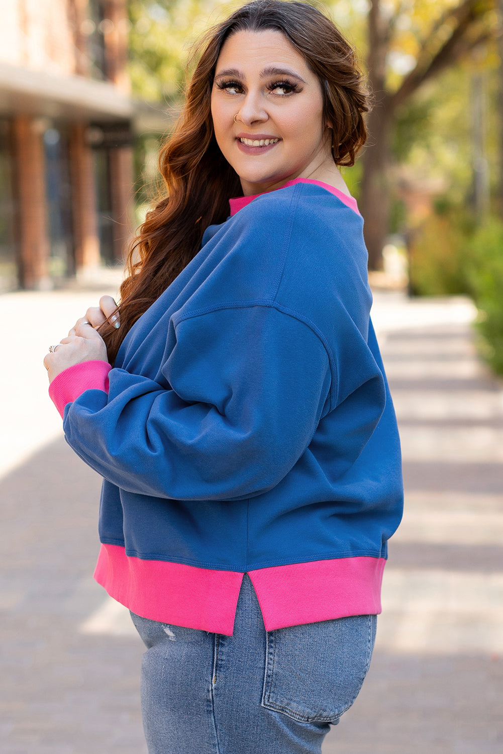 Colour Block Edge Balloon Sleeve Plus Size Sweatshirt | Sky Blue