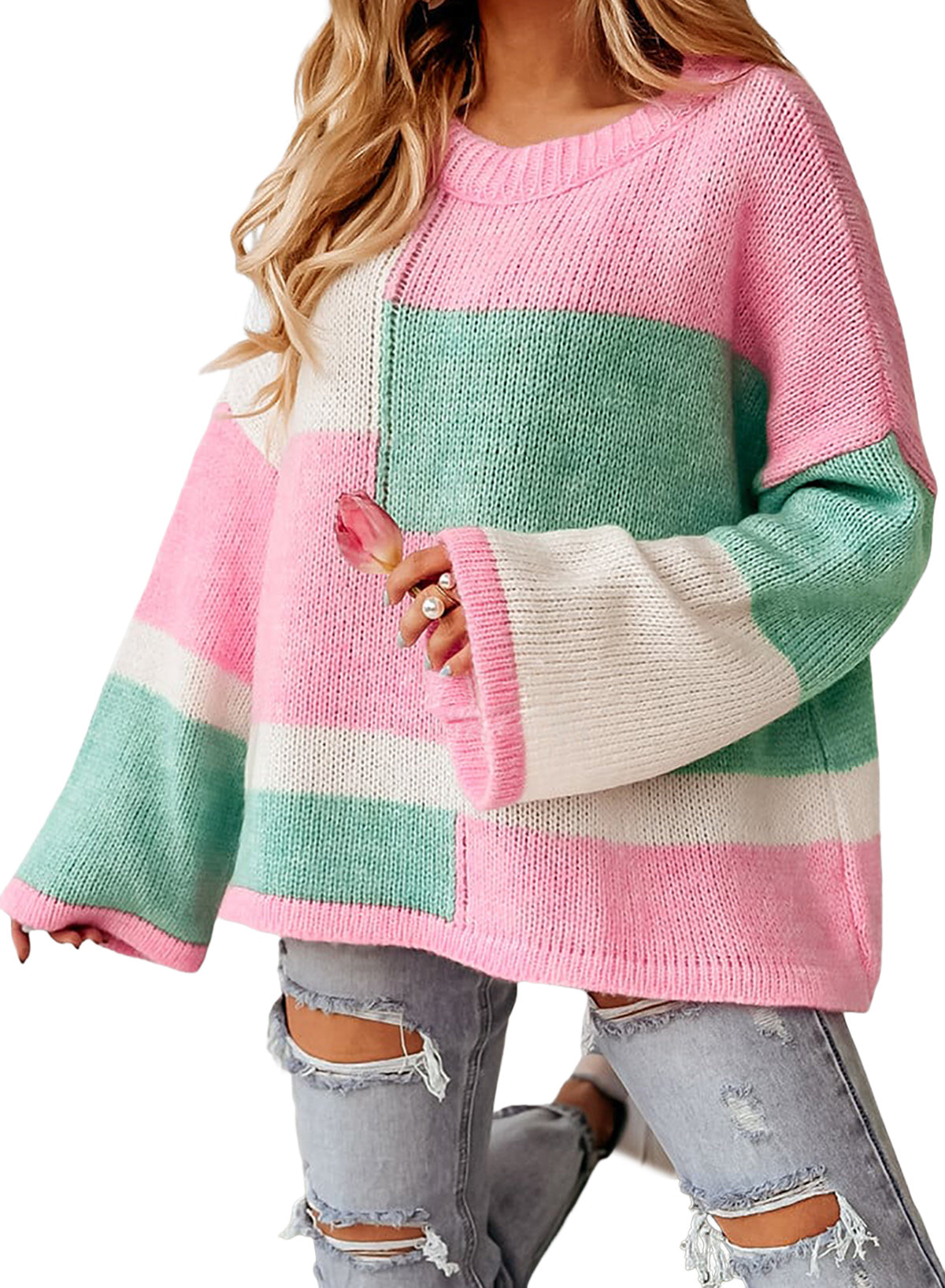 Colourblock Drop Shoulder Bell Sleeve Sweater | Pink