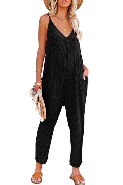 Textured Sleeveless V-Neck Pocketed Casual Jumpsuit | Black