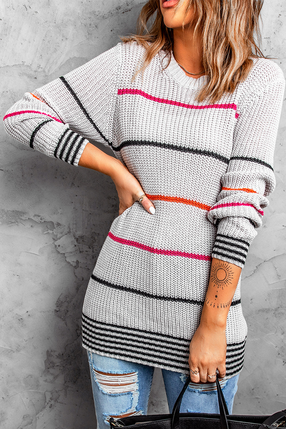 Ribbed Knit Striped Sweater | Gray