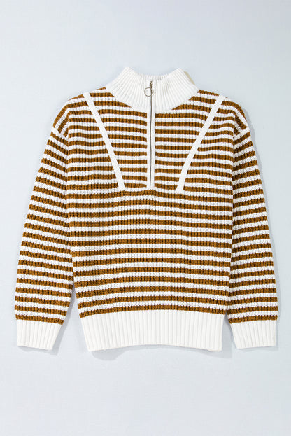 Zip Up Collar Drop Shoulder Sweater | Khaki Stripe