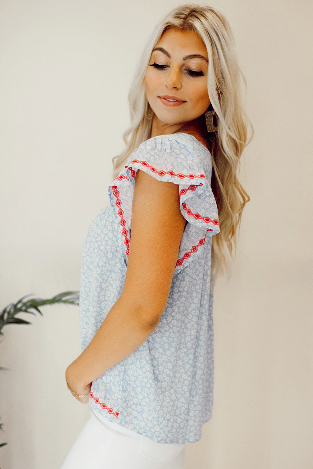 Boho Embroidered Floral Print Flutter Sleeve Blouse | Sky Blue