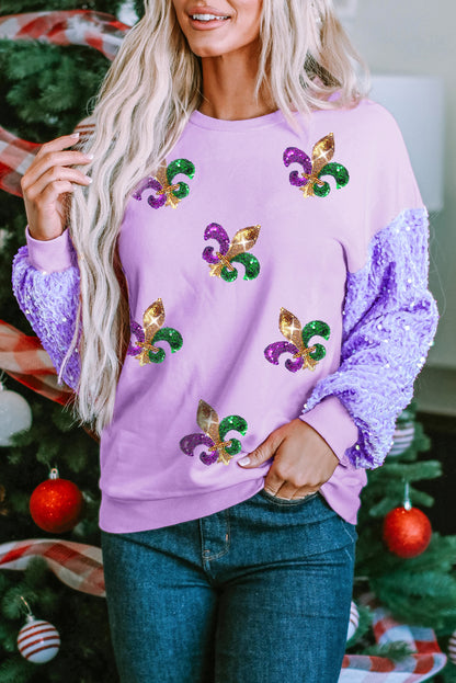 Sequin Patchwork Long Sleeve Fleur De Lis Patched Pattern Top | Orchid Petal