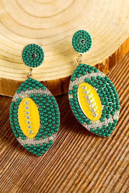 Beaded Rhinestone Rugby Football Drop Earrings | Dark Green