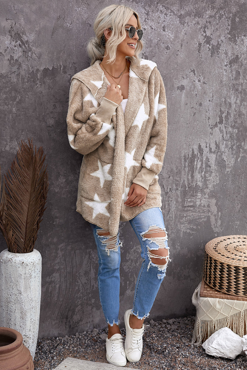 Lapel Collar Scatter Star Fuzzy Coat | Khaki