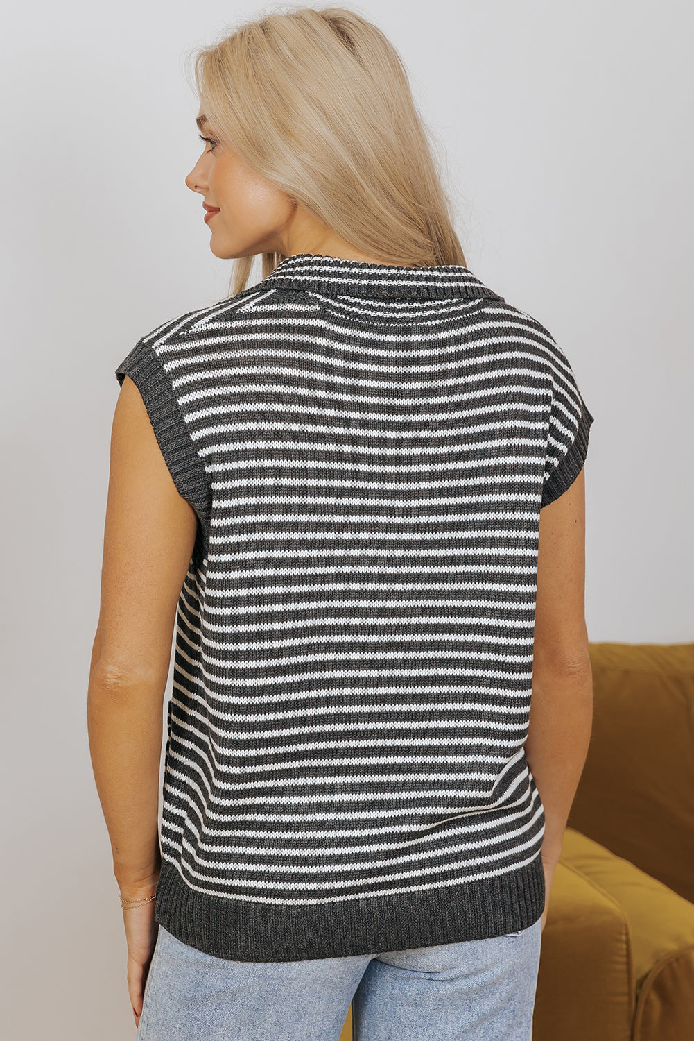 Collared V Neck Sweater Vest With Pockets | Gray Stripe