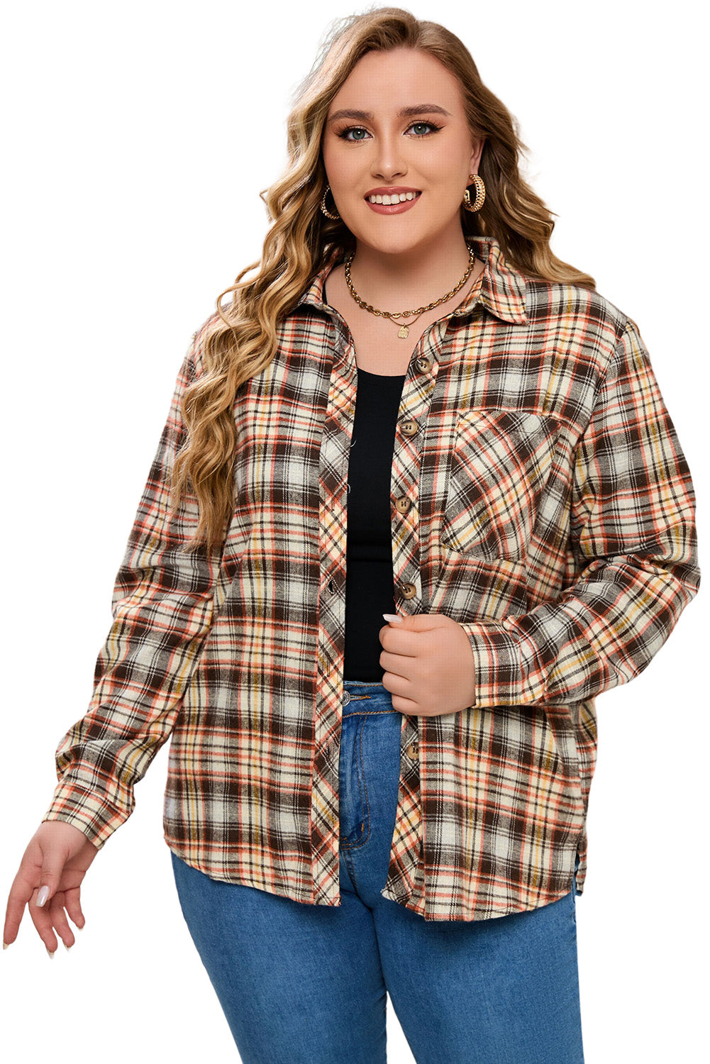 Plaid Print Button Long Sleeve Plus Size Shirt Coat | Apricot