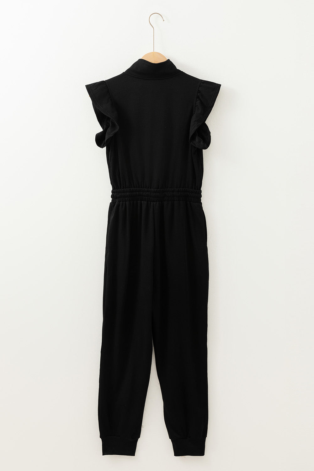 Zipper Flutter Sleeve Drawstring High Waist Jumpsuit | Black