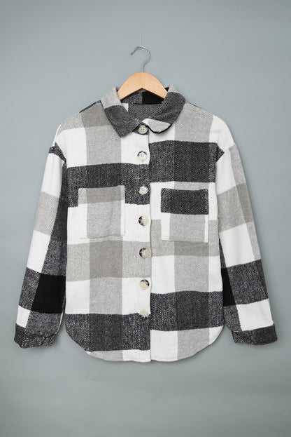 Plaid Colour Block Buttoned Long Sleeve Jacket With Pocket | Gray