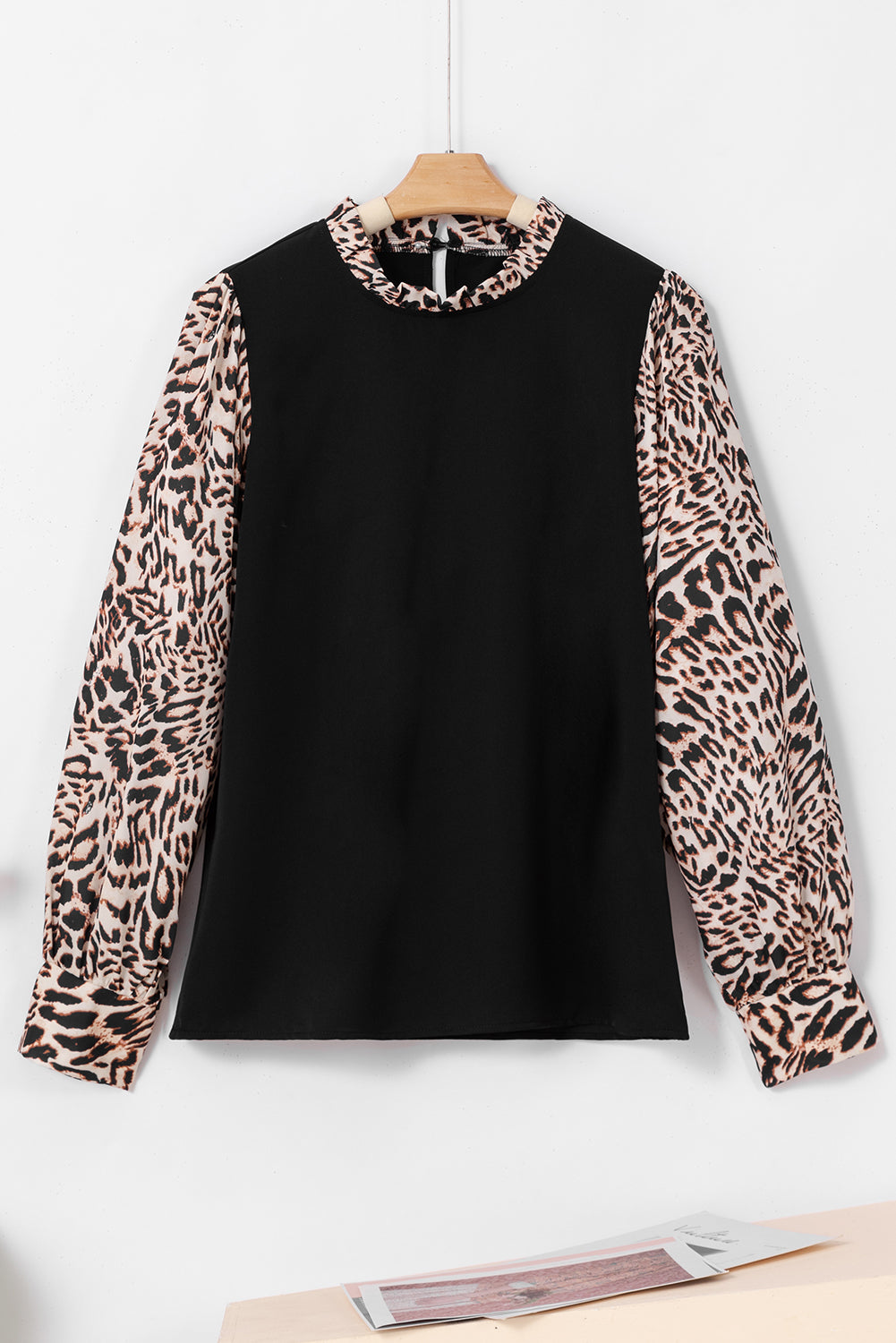 Contrast Leopard Print Lantern Sleeve Blouse | Black