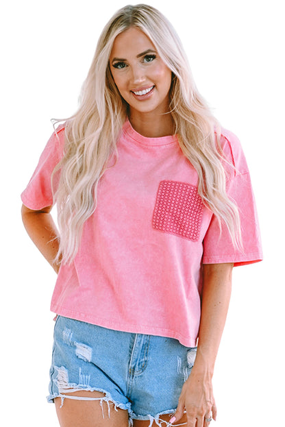 Acid Wash Lace Patch Pocket T-Shirt | Pink