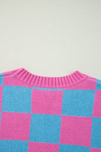 Colourblock Plaid Pattern Ribbed Trim Sweater Tank Top | Sachet Pink